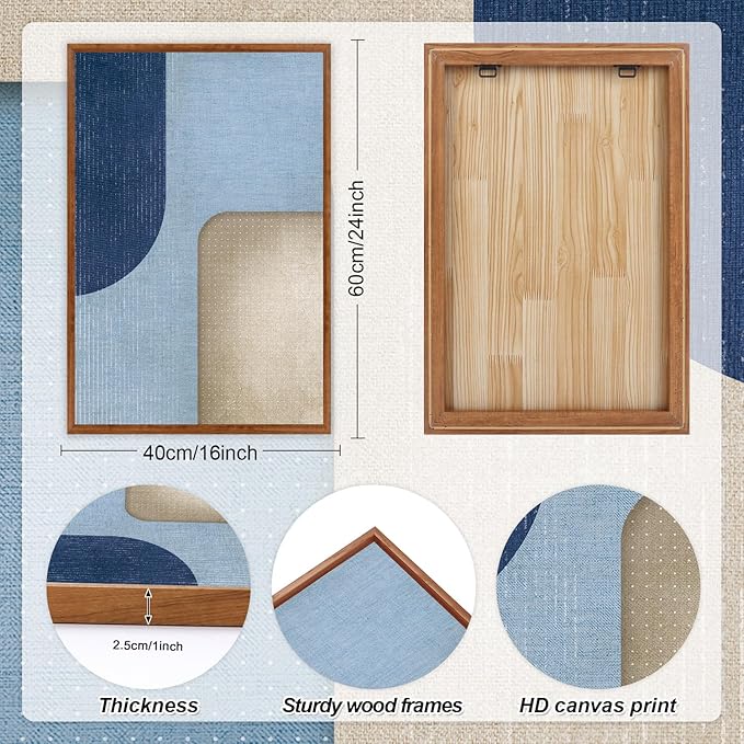 KAIRNE Blue Modern Abstract Canvas Wall Art,Neutral Prints Set of 3(16”X24”),Simple Design Wall Decor,Boho Minimalist Paintings,Blue and White Geometry Pictures for Living Room Bedroom Office Decor