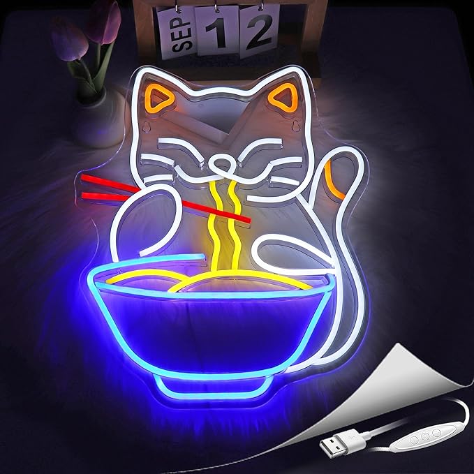 Neon Sign, Cat Ramen Neon Signs for Wall Decor Neon LED Signs Room Neon Light Up Signs Home Decor for Business Restaurant Bedroom Club Party Bars Shop Decoration USB Operated