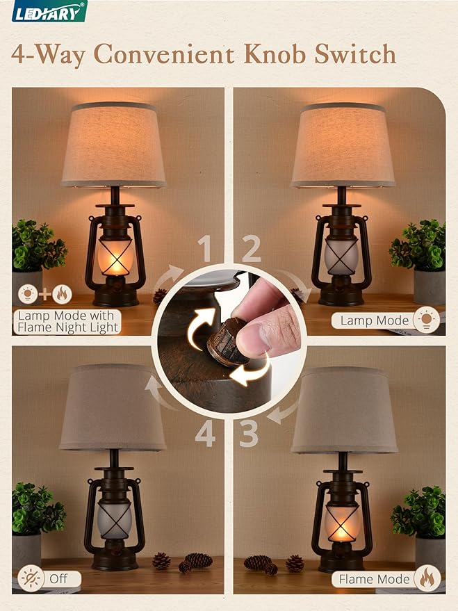 LEDIARY 18.72" LED Vintage Lantern Flickering Flame Table Lamps for Bedrooms Set of 2, Small Farmhouse Rustic Vintage End Table Lamps, Halloween Decorative Lantern Bedside Lamps for Living Room