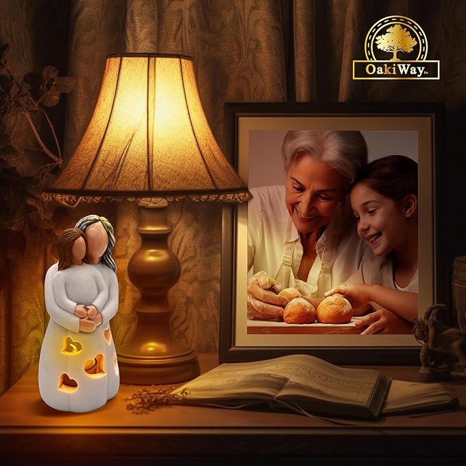 Hand-Painted Grandma-Granddaughter Candle Holder Statue Gift, with Flickering LED Candle | Gigi Grandmother Birthday Gift, Unique Nana Present Ideas for Christmas, Greeting Card Included