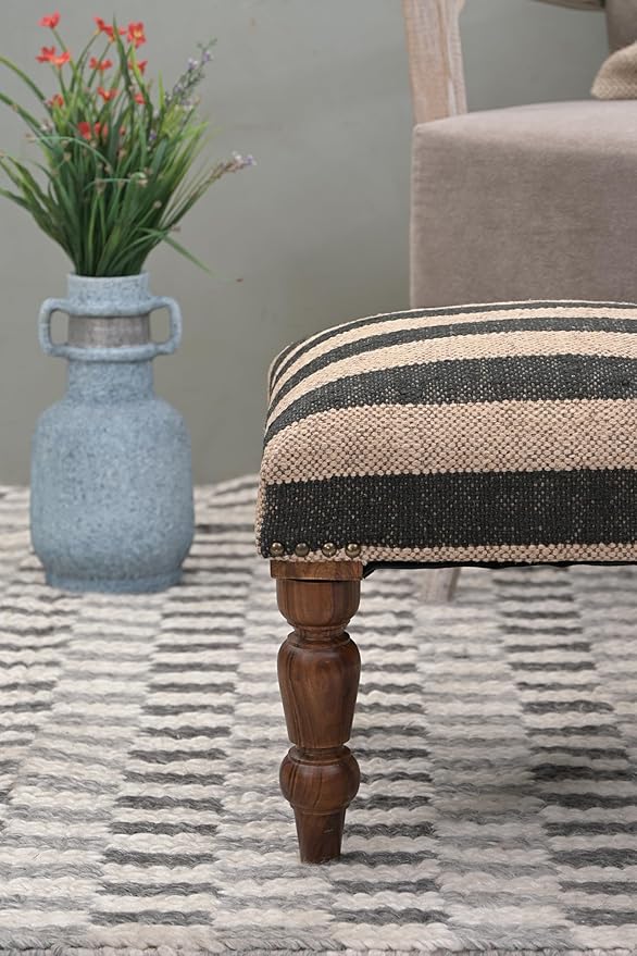 Handmade Jute Soft Ottomans Square Shape Stool for Sitting and Foot Rest with Wooden Legs, Entryway Modern Stool for Living Room, Bedroom, Hall (White, L 15.74 x W 15.74 x H 14 inch)