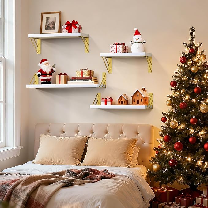 BAYKA Wall Shelves for Bedroom Decor, Floating Wall Shelves for Living Room Kitchen Storage, Wall Mounted Rustic Wood Shelves for Kids Books,Corner Shelves for Bathroom(White and Gold，Set of 3)