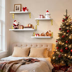 BAYKA Wall Shelves for Bedroom Decor, Floating Wall Shelves for Living Room Kitchen Storage, Wall Mounted Rustic Wood Shelves for Kids Books,Corner Shelves for Bathroom(White and Gold，Set of 3)