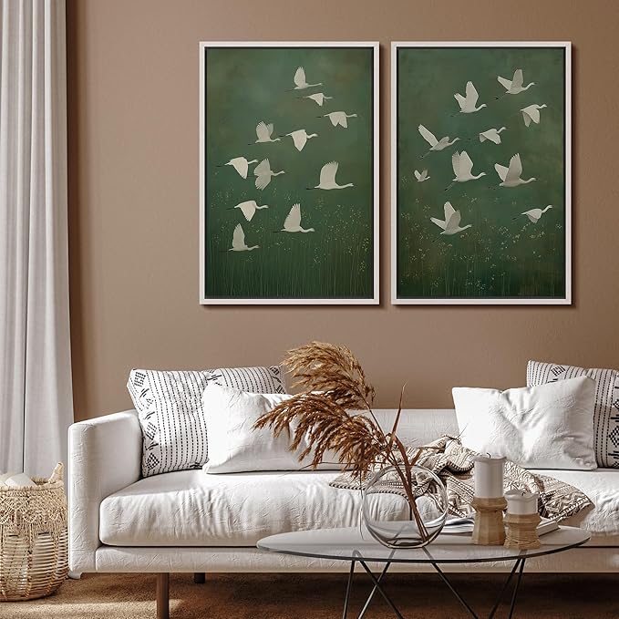 SIGNFORD Framed Canvas Print Wall Art Set Flight of Cranes Elegant Birds in Soft Green Hues Illustration Modern Art Decorative Nordic Nature for Living Room, Bedroom, Office - 24"x36"x2 White