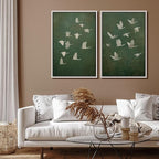 SIGNFORD Framed Canvas Print Wall Art Set Flight of Cranes Elegant Birds in Soft Green Hues Illustration Modern Art Decorative Nordic Nature for Living Room, Bedroom, Office - 16"x24"x2 White