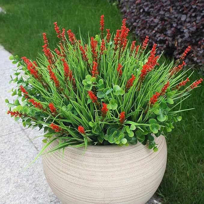 alyptus Artificial Flowers Outdoor 12 Bundles Fake Plants Outside Red Flower Grass Faux Greenery Spring Summer Wildflower Decoration for Outdoors Yard Front Porch Planter Decor (Red Flowers)