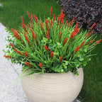 alyptus Artificial Flowers Outdoor 12 Bundles Fake Plants Outside Red Flower Grass Faux Greenery Spring Summer Wildflower Decoration for Outdoors Yard Front Porch Planter Decor (Red Flowers)