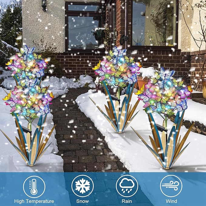 Homight Solar Metal Agave Butterfly Flower Stick Garden Sculpture - Outdoor Christmas Lights With Swaying Butterfly Sunflower - Solar Outdoor Gift (3 PCS Blue)