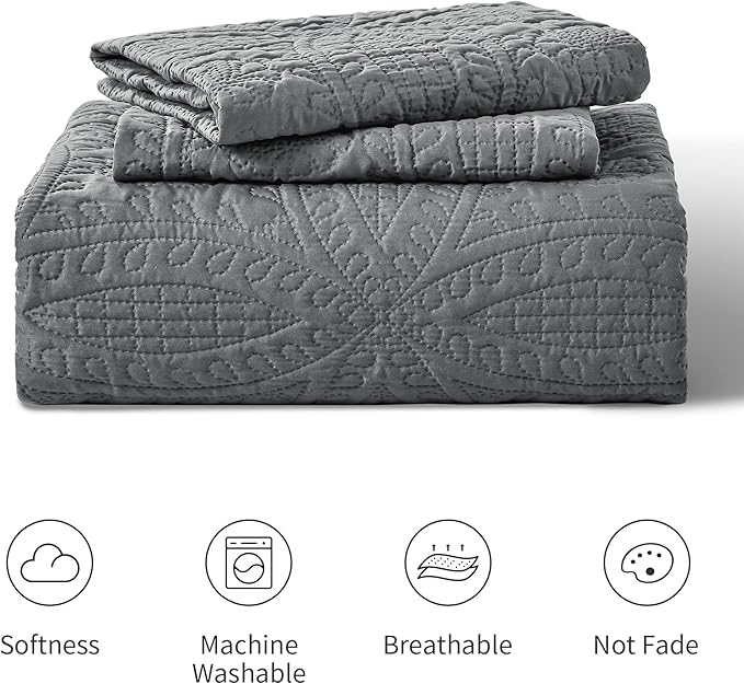Love's cabin Quilts for Full Bed Dark Grey Bedspreads Bedding Set - Lightweight Bedspread Comforter - Coin Pattern Bedding Coverlet for All Season - 3 Pieces (1 Quilt, 2 Pillow Shams)