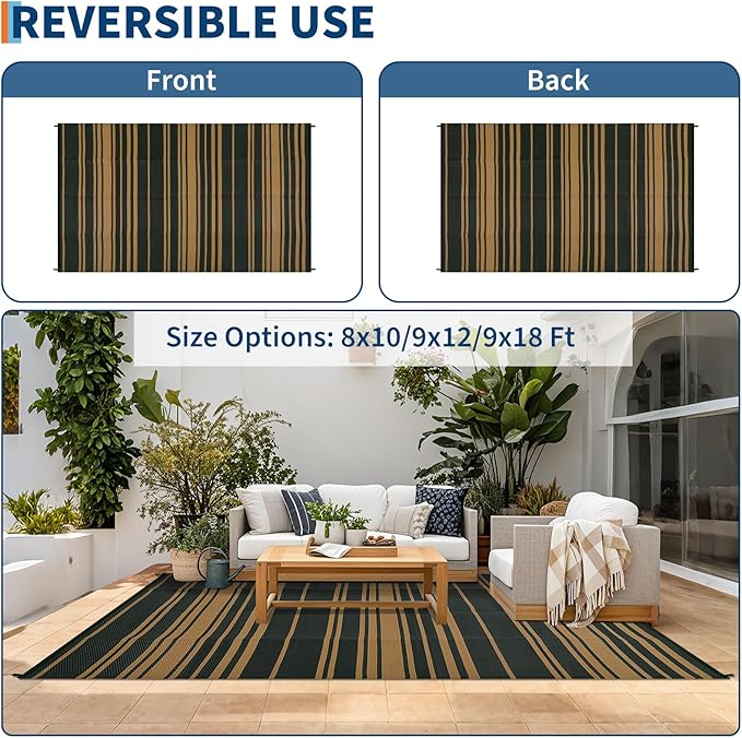 Waterproof Outdoor Rug 8x10 Contemporary Reversible Plastic Straw Rug, Easy Cleaning Striped Patio Carpet, UV-Resistant Indoor Outdoor Floor Cover for RV, Porch, Deck, Backyard, Black Brown