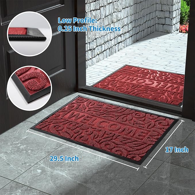 Yimobra Welcome Mat Outdoor Indoor, 29.5x17 Waterproof Door Mat Outside Entrance, All-Weather Non Slip Doormat, Low-Profile Front Door Mat, Porch and Patio Entryway Mat, Wine Red