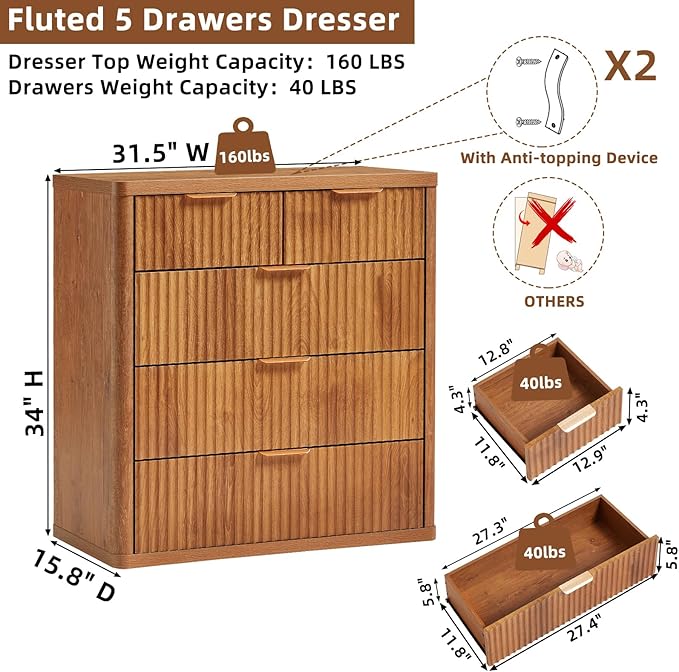 LEYAOYAO Fluted 5 Drawers Dresser for Bedroom Set of 2, 34" Tall Modern Chest of Drawers with Metal Handle, Curved Profile Design,Brown Wood Drawer Organizer for Bedroom, Living Room, Hallway