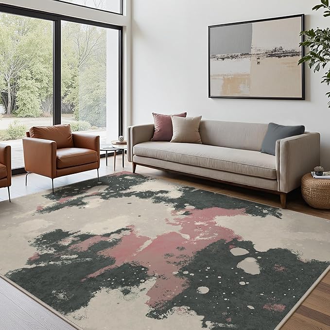 Area Rugs 8x10 for Living Room Bedroom, Modern Splash Abstract Machine Washable Rug, Large Soft Low Pile Floor Cover with Non Slip Backing for Dining Room, Pink/Charcoal