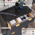 T4TREAM Fluted 5 Drawers Dresser, 48" Tall Modern Chest of Drawers with Faux Marble Top, Curved Profile Design, Wood Drawer Organizer for Bedroom, Living Room, Hallway, Entryway, Dark Grey