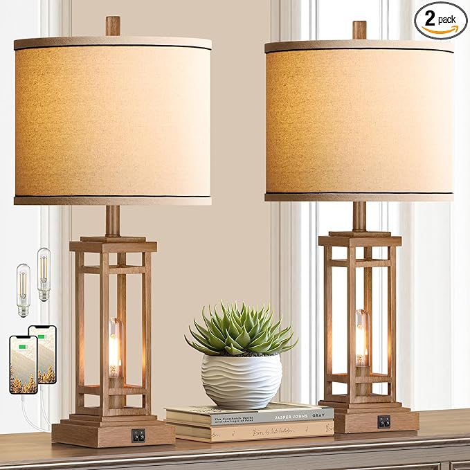 27.5 Tall Farmhouse Table Lamps with USB C + USB A Charge Ports, Rustic Living Room Lamps Set of 2, Black Industrial End Table Lamp for Bedroom Living Room Nightstand (Wood)