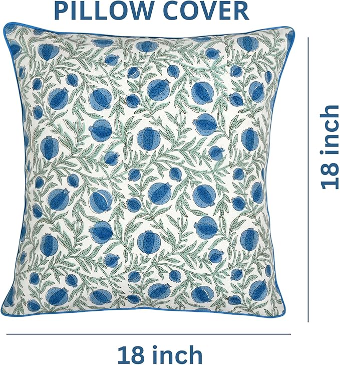 Ridhi Queen Blue Block Print Preppy Grandmillennial Pillow Cover Set of 2-18" x 18" Throw Pillow for Home White Floral Pillow Cover Grandmillennial Home Decor Thanksgiving