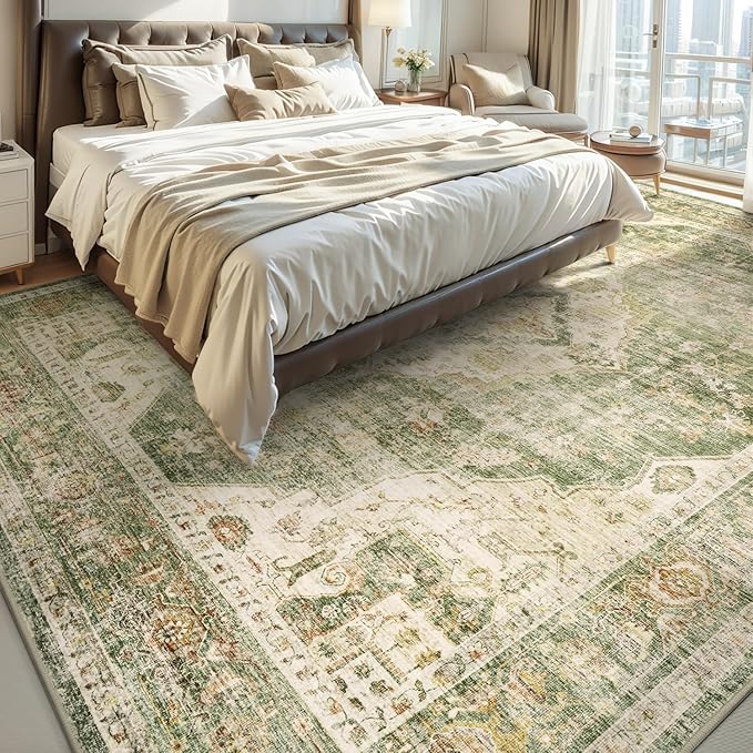 AMOAMI-3X5 Area Rug-Soft Washable Vintage Throw Accent Rugs for Living Room, Entryway, Bedroom, Kitchen, Bathroom, Laundry Room, Kitchen, Bathroom, Bedside, No Slip Green