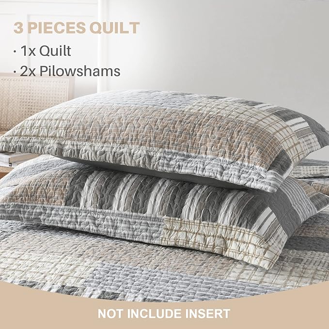 Y-PLWOMEN Quilts Queen Size - 100% Cotton Brown Grey Queen Quilt Farmhouse Plaid Quilted Bedspread, 3 Pieces Lightweight Reversible Queen Size Quilt Bedding Set for All Season