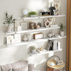 16 Inch Floating Shelves for Wall Set of 2, 8"D Wood Grain Bathroom Shelves with Invisible Brackets, Easy Install Engineered Wood Storage Shelves for Kitchen, Living Room, Bedroom, White Finish