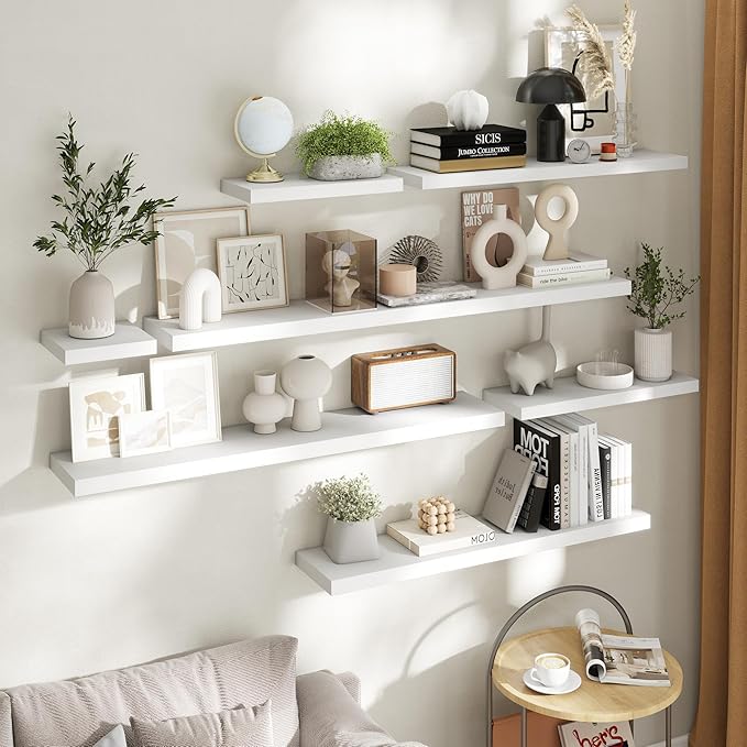 40 Inch Floating Shelves for Wall Set of 2, 8"D Wood Grain Bathroom Shelves with Invisible Brackets, Easy Install Engineered Wood Storage Shelves for Kitchen, Living Room, Bedroom, White Finish