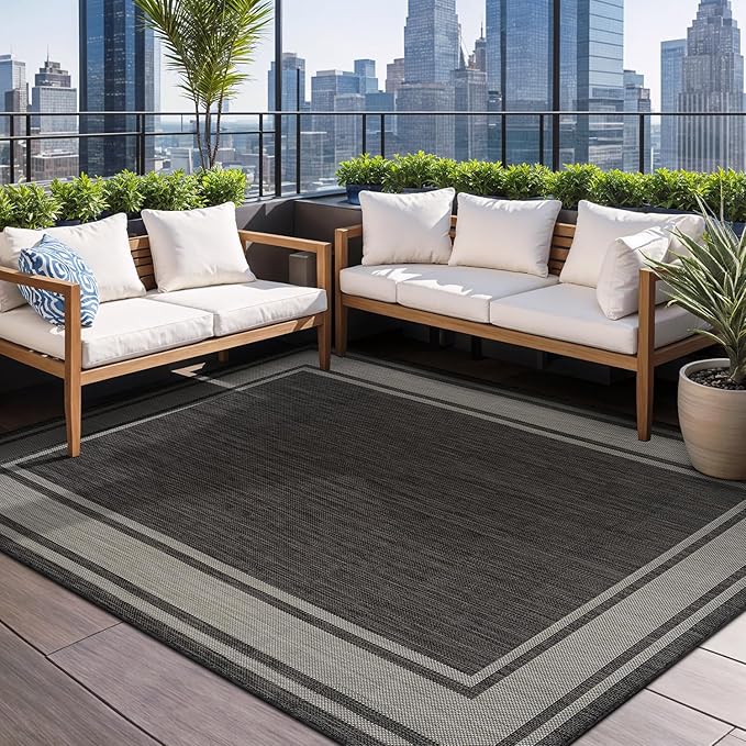 Beverly Rug Outdoor Rug 5x7 Modern Bordered Area Rugs for Indoor and Outdoor Patio Deck Porch Garden Waterproof Weather Sun Resistant Washable Outside Carpet (5 x 7 Dark Gray)