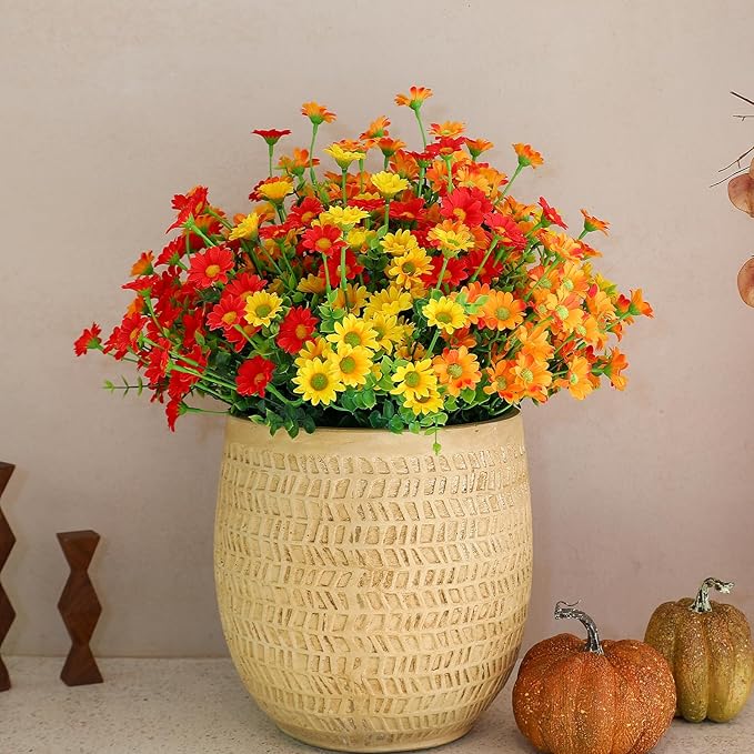 Fake Mums Artificial Flowers – 12 Bundles Fall Flowers for Outdoor Orange Display, Faux Chrysanthemums UV Resistant Silk Plants for Porch, Patio, Garden, Thanksgiving Decor (Red 5, Orange 5, Yellow 2)