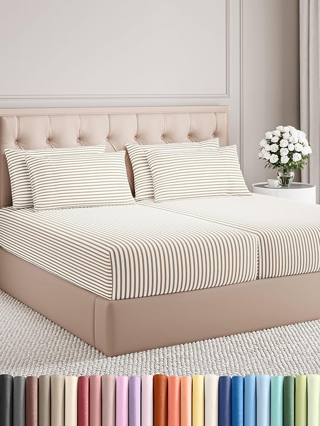 Split King Sheets Set 7 Piece - Includes 4 Pillowcases - Bed Sheets Split King - Soft Hotel Luxury Bedding - Cooling and Breathable - 1 Flat & 2 Fitted & 4 Pillowcases w/ Deep Pockets - Beige Stripes