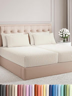 Split King Sheets Set 7 Piece - Includes 4 Pillowcases - Bed Sheets Split King - Soft Hotel Luxury Bedding - Cooling and Breathable - 1 Flat & 2 Fitted & 4 Pillowcases w/ Deep Pockets - Beige Stripes