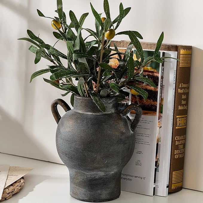 LUKA Antique Ceramic Vase with 2 Handle,7.28 inches Rustic Vase Minimalist Decor, Decorative Vases for Home Decor, Table, Living Room, Shelf, Christmas Decoration(Medium,Black)