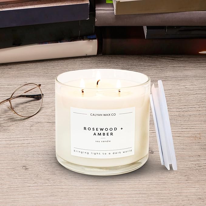 Calyan Wax Co. 3 Wick Candle, Rosewood + Amber Scented Candle, 43 Hour Burn Time, 3 Wick Soy Candles, Non Toxic & Vegan Soy Wax, Ceramic Scented Candles, 26oz