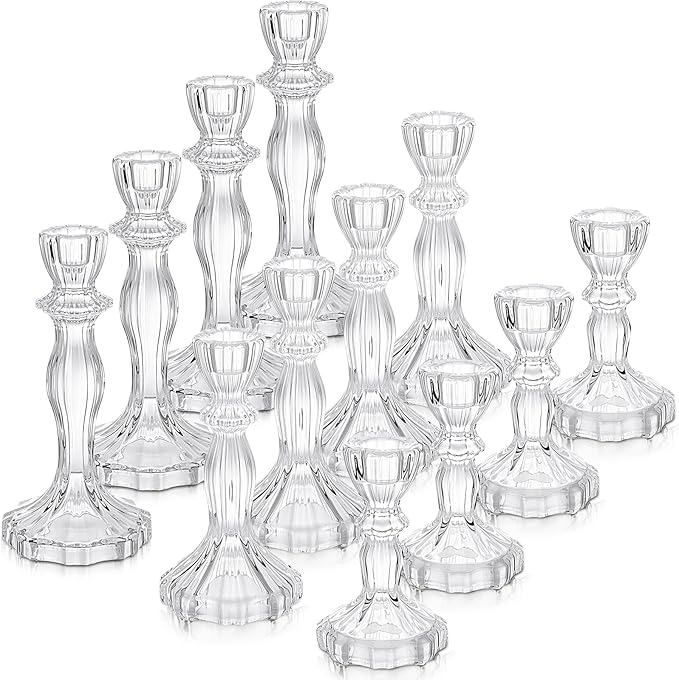 Mumufy 12 Pack Glass Taper Candle Holders Clear Candlestick Holder Fit 0.8 Inch Candles 4'' 6'' 8'' Tall Crystal Decorative Candlestick Stand Centerpiece for Table Wedding Dining Party (Classic)