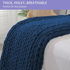 Bigacogo Chunky Knit Throw Blanket for Couch, 80x90 inches, 100% Hand Knitted with Thick Jumbo Chenille Yarn, Cozy Soft Large Rope Knot Cable Crochet Blankets for Sofa Bed Living Room, Navy Blue