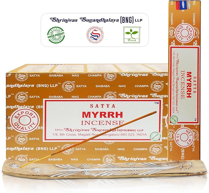 Satya Myrrh Incense Sticks, Bng 15gmx12 Pack With Raajsee Incense Holder Bundle, Nagchampa Natural