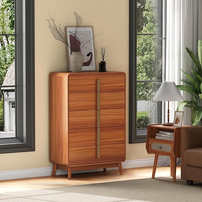 Dresser for Bedroom with 5 Drawers,Mid Century Modern Dresser with Storage,31" Modern Chest of Drawers with Metal Handles,Large Wood Drawer Organizer for Bedroom,Living Room,Hallway,Cherry