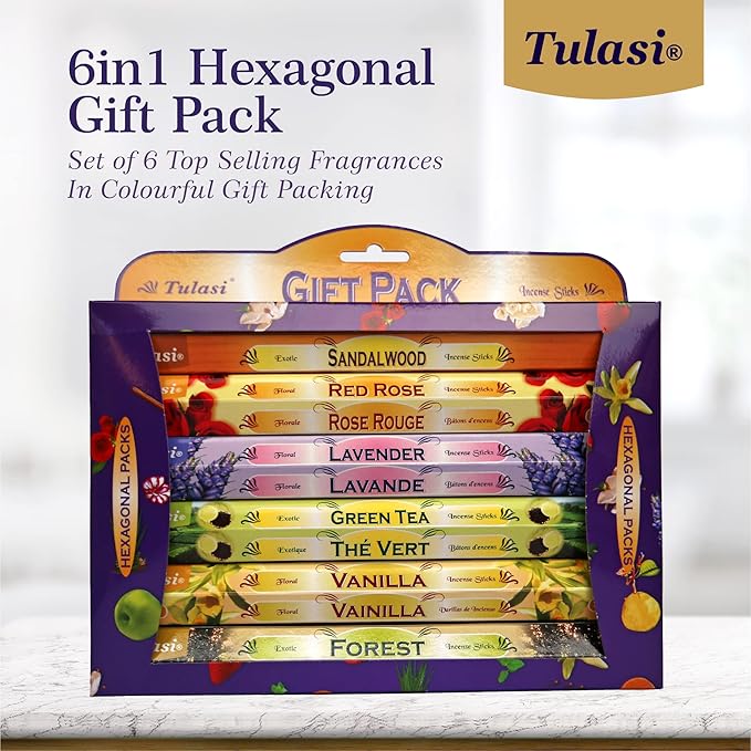Tulasi Incense Sticks with Natural Oils Set of 6 Fragrances (120 Sticks) Hand Rolled Incense Sticks, Calming Home Aromatherapy, Meditation, Relaxing, Mixed Scents with Natural Oils