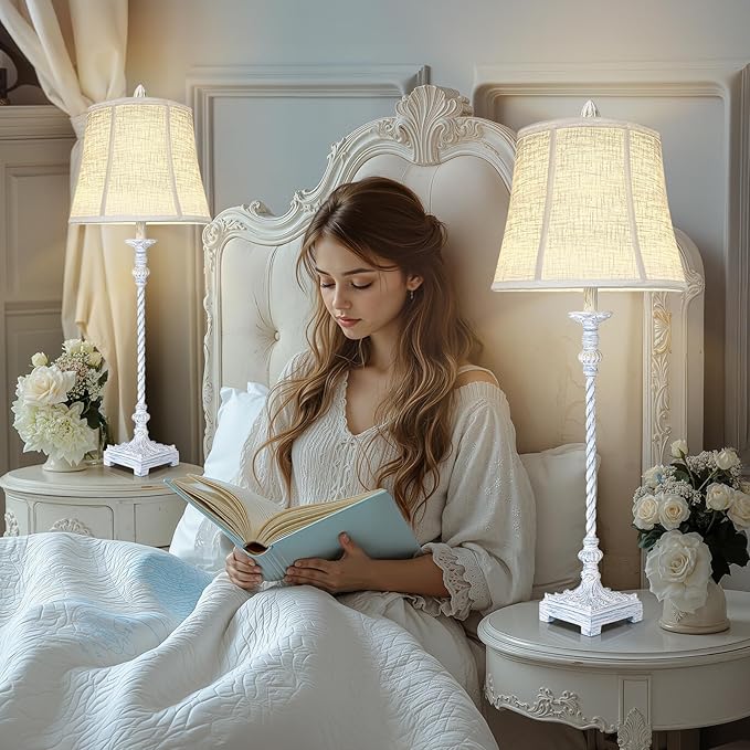 Buffet Lamps Set of 2, 33" Tall Skinny Candle Stick Table Lamps with White Linen Shades, 3-Way Dimmable Bulbs Included, Vintage Nightstand Lamps for Living Room Bedroom Dinning Entryway - Washed Blue