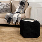 REDEARTH Cube Pouf Foot Stool Ottoman - Hand Knitted Poof - Cord Boho Pouffe - Home Décor - Stuffed Footrest for Living Room - Bedroom - Covered Patio (16" x 16" x 16") - Black