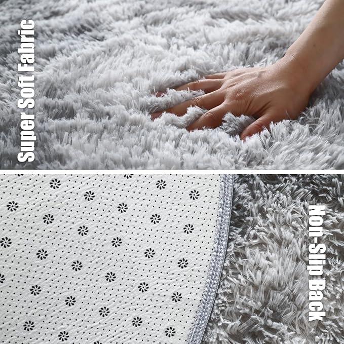 Tie-Dyed Fluffy Round Rug,Soft Area Rugs for Girls Room,Shaggy Rugs 3'X3' for Living Room,Non Slip Circle Rug for Kids Bedroom,Shag Plush Nursery Rug,Plush Carpet for Dorm,Furry Room Decor,Light Grey
