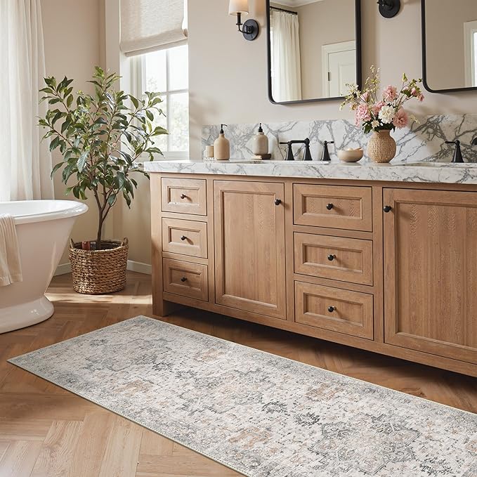 GENIMO Runner Rug 2x6 Non Slip Machine Washable Vintage Hallway Runner Rug, Low PileLightweight Rugs for Entryway, Hallway, Kitchen and Corridor, Light Taupe Brown