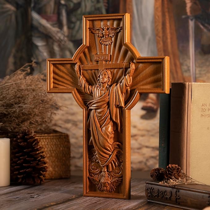 BGCOPPER Crucifix Wall Cross Handmade Wooden Cross for Wall with Hook, INRI Jesus Cross Wll Decor for Church Home Room Christmas Gifts
