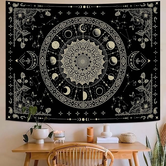 Lunerfex Mandala Moon Tapestry Boho Tapestry for Bedroom Black Tapestries Wall Hanging Living Room Wall Art and Home Decor 44x60