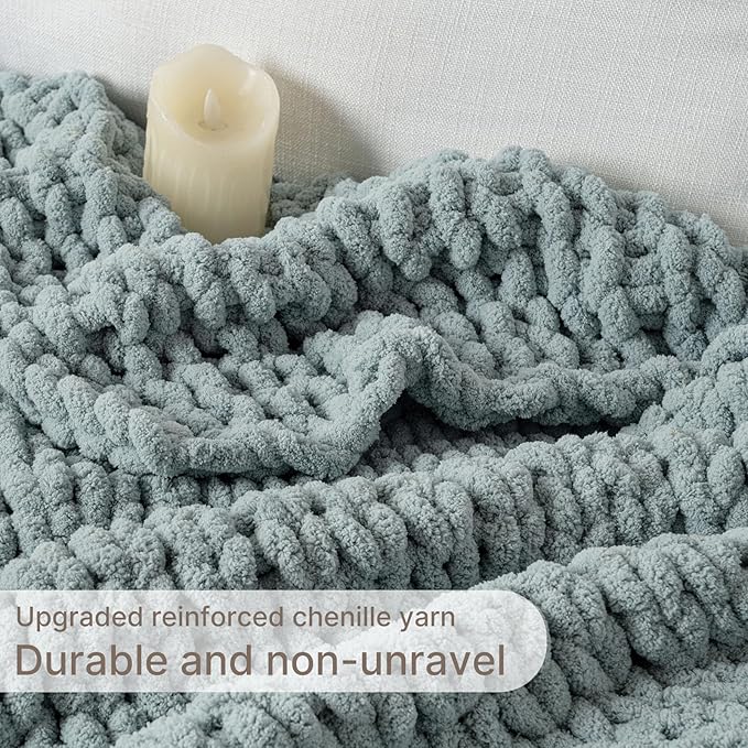 Chunky Knit Blanket Throw, 100% Hand Knit Throw Blanket Handmade Chenille Cable Knit Throw for Couch, Stylish Cozy Soft Rope Knot Crochet Blanket for Home Decor, Chambray Blue, 50x60 Inches
