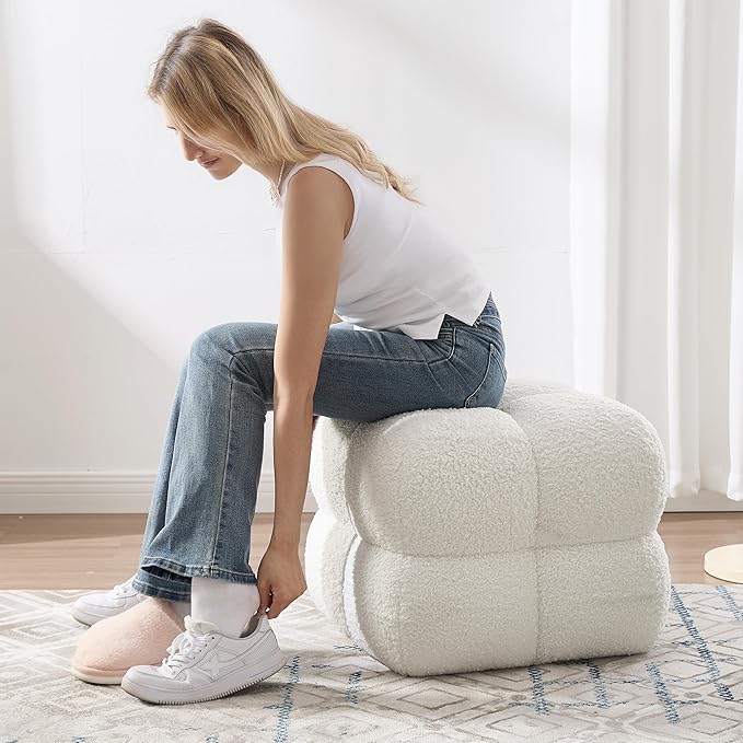 Zesthouse Square Pouf Ottoman, Modern Ottoman Coffee Table for Living Room, Fuzzy Sherpa Couch Foot Rest, Upholstered Tufted Cube Stool for Couch, White