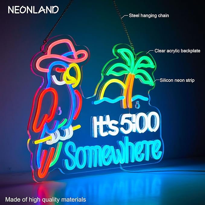 Parrot Its 5 00 O'clock Some Where Neon Sign for Wall Decor USB Powered Five Oclock Dimmable Bar Beer LED Light Man Cave