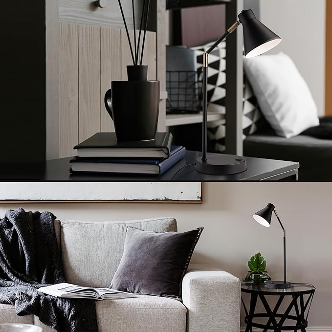 O'Bright Astrum - LED Desk Lamp with Dual USB Charging Ports, 100% Metal, 270 Degree Swivel Arms, Soft White Light (3000K), Bedside & Home Office Table Lamp, ETL Listed, Black