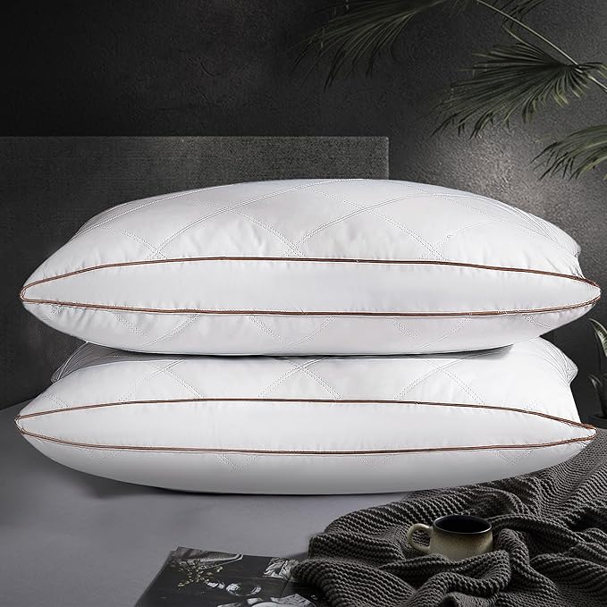 UNIKOME Natural Goose Feathers and Down Pillow - Standard Size Set of 2, Medium Firm Pillow with 100% Cotton Cover,Gussted & Quilting Design Hotel Collection Bed Pillows for Back,Stomach,Side Sleeping