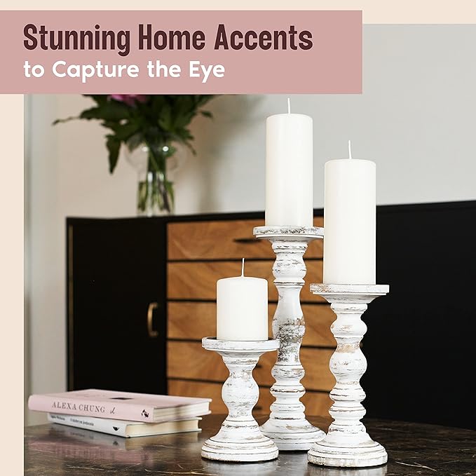 Large Candle Holders for Pillar Candles - Rustic Farmhouse Style Home Decor - Perfect for Table Centerpieces, Coffee Table or Fireplace Mantel - 3 Piece Set - White