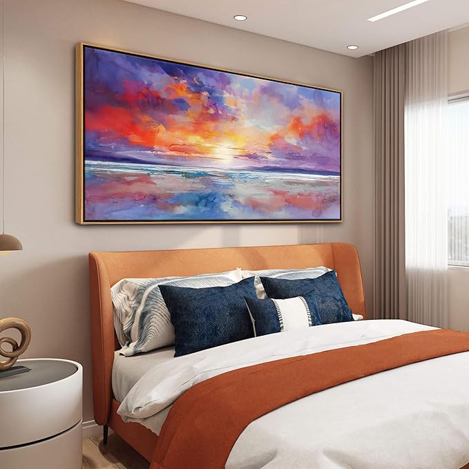 DUNHUANG ART Vibrant Ocean Sunset Canvas Wall Art - Beach Decor & Sunrise Poster - Red Scenery Poster for Living Room & Bathroom - 24"x48"