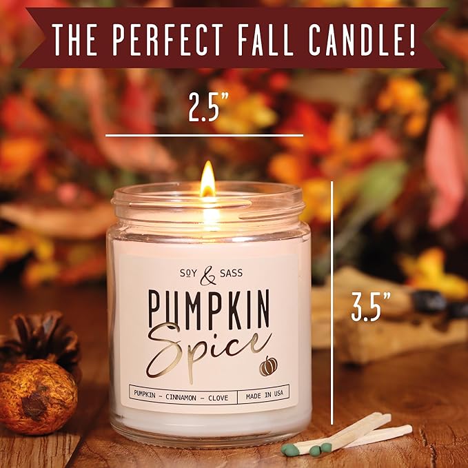 Pumpkin Spice Candle, Fall Candles - 'Pumpkin Spice' Pumpkin Candle I Infused w/Essential Oils I Autumn Scented Soy Candles for Home I Fall Home Décor I 9oz Reusable Jar, 50Hr Burn, Made in USA