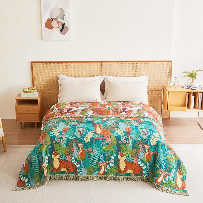 MSGKV Throw Blanket for Couch Bed Cotton Muslin Breathable Animals Twin Size Blanket 60"x80" for All Seasons Lightweight Farmhouse Blankets Home Decor